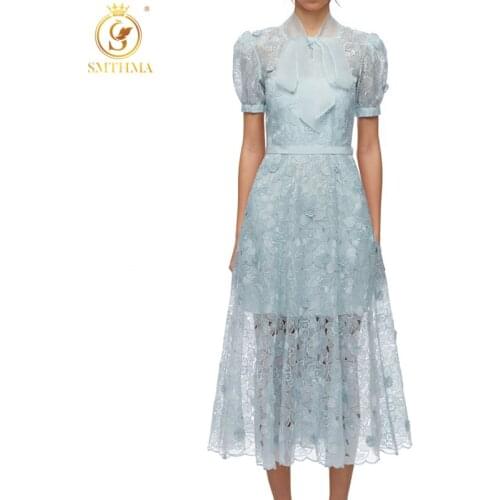 SMTHMA 2021 New Arrive Women Lace Midi Summer Dress Ladies Floral Embroidered Short Sleeve Bow Elegant Blue Party Dress