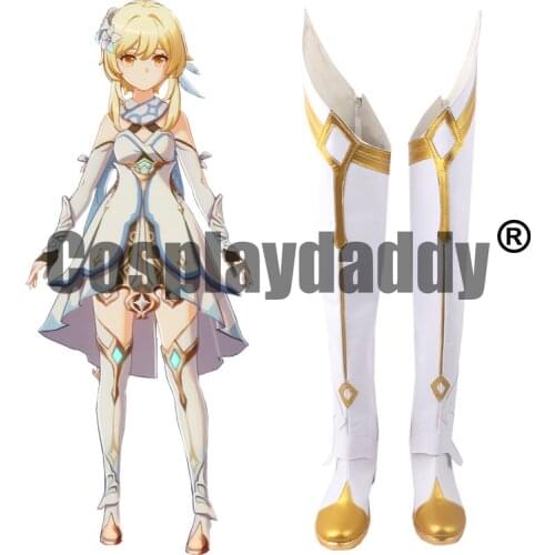 Genshin Impact Mondstadt Knights of Favonius Protagonist Outlander Traveler Lumine Ying Cosplay White Shoes Tall Boots S008