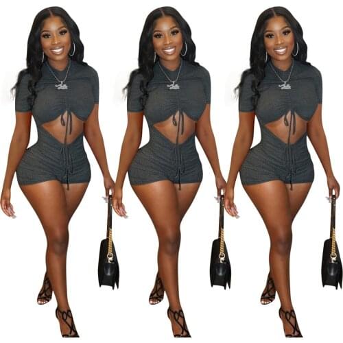 Womens Clothing Temperament Slim Pit Strip Fashion Round Collar Hollow Out Lace-up Stretch Nightclub Summer Jumpsuit Custom