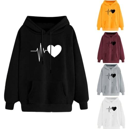 Womens Autumn Winter Cotton Sweatshirt Ladies Long Sleeve Casual Loose Love Heart Warm Coat Hooded Pullover Tops Plus Size