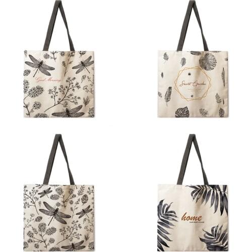 Ladies Shoulder Bag Ink Lotus Leaf Tote Bag Linen Tote Bag Foldable Shopping Bag Outdoor Beach Bag