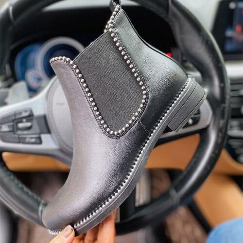 Womens New Ankle Boots Females Solid Color Low Square Heels Metal Bead Chain Thin Bottom Footwear Ladies Trendy Walking Shoes