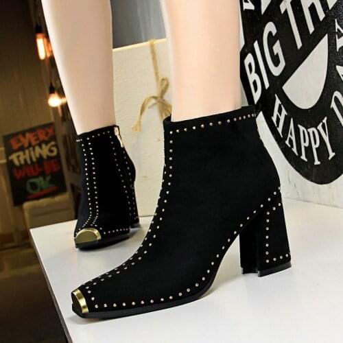 Square Toe High Heels Ankle Length Riveted Boots Women Autumn Winter Metal Design Ladies Shoes Boots 6862