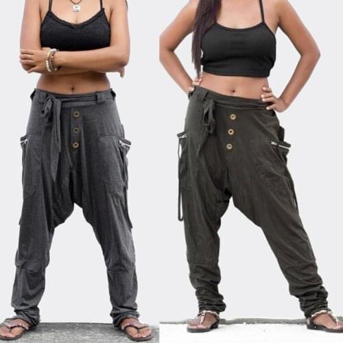 Womens Solid Elastic Waist Harem Pants Bloomers Baggy Pants Boyfriends Button Casual Loose Trousers Plus Size