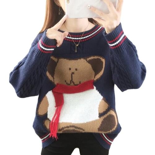 Women Sweater Knitted Pullovers Lovely Bears New Autumn Winter Warm Oversize Elegant Korean Wild Female Cute Knitwear Tops