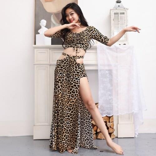 Leopard Style Women Belly Dance Clothing Elegant Outfit Girls Bellydance Costume Training Halter Top and Skirt 2Pcs Set