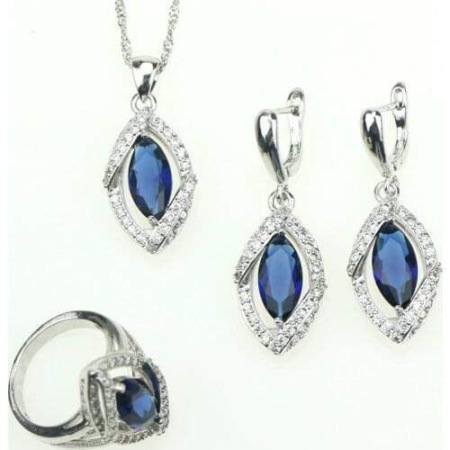 Lozenge 925 Sterling Silver Jewelry Sets Blue Cubic Zirconia White Crystal Jewelery For Women Earrings/Pendant/Necklace/Ring
