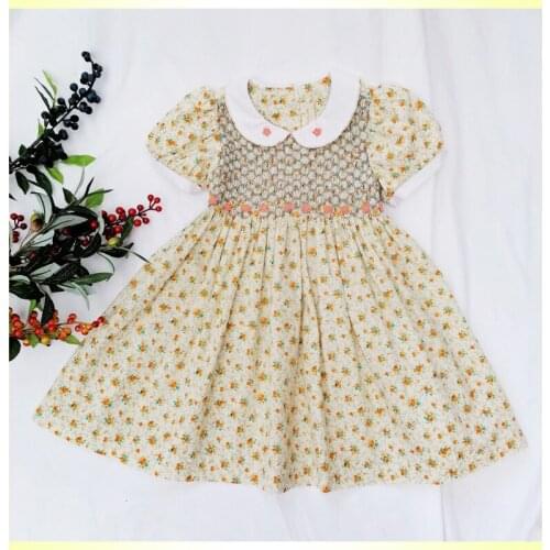 2020 kids dress for little girls 3-7 years dresses long flower floral smocked princess dress handmade smocking embroidered dress