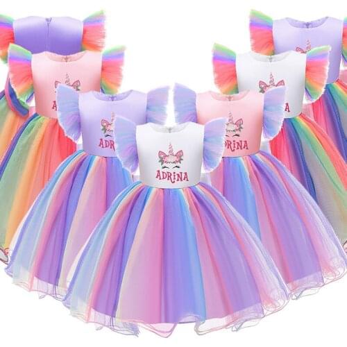 2021 Unicorn Girl Summer TUTU Dress Girls Clothing Kids Birthday Party Princess Costume Children Rainbow Dresses vestido