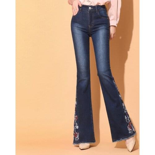 2021 Autumn Winter Denim Pans Women Vintage Embroidered Bell Bottoms Wide Leg Trousers Denim Jeans