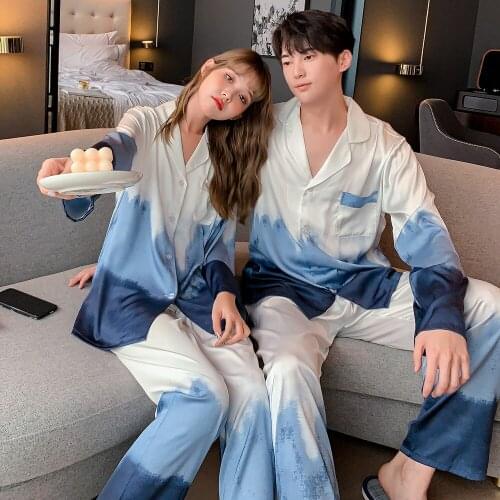Satin Gradient Sleepwear Couple Pajamas Suit Button-down Home Clothes Sexy Lapel Pyjamas Long Sleeve Nightwear Loungewear