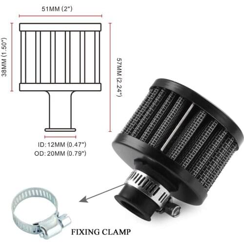12mm Car Air Filter Cold Intake Breather Turbo Vent Universal Cleaner Black Compatible Universal with Car and Motorcycle