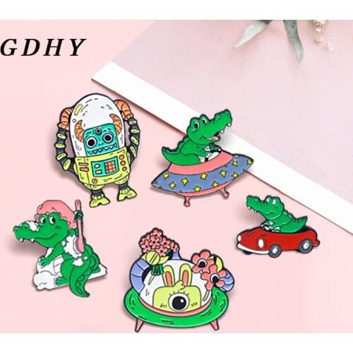 GDHY Cartoon Crocodile Robot Alien Enamel Lapel Pins Crocodile driving red car UFO shower badge brooch Jewelry Gift Wholesale