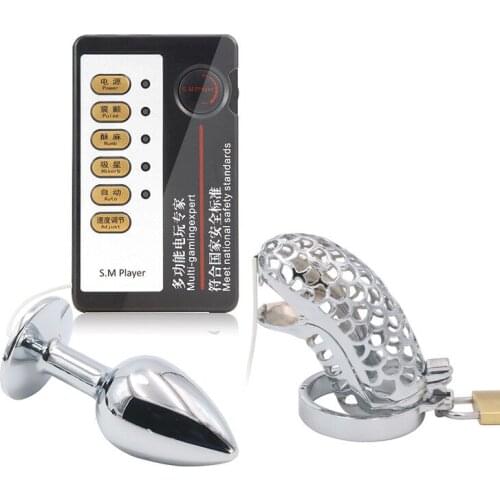 Electric Shock Penis Chastity Lock Electric Shock Cock Ring Electro Stimulation Metal Anal Plug Cock Massager Sex Toys for Men