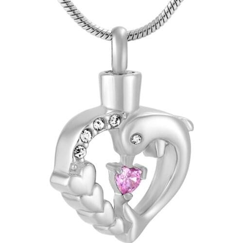 LKJ9625 Pink Stone Inlay Dolphin Heart Cremation Pendant for Pet Ashes Keepsake Urn Funeral Casket