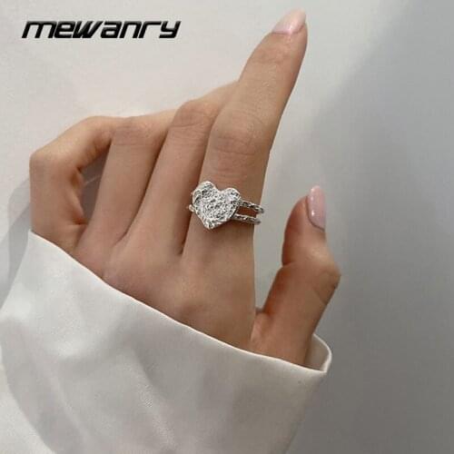 Mewanry 925 Sterling Silver Rings for Women Tin Foil Texture Love Heart Accessories Elegant Vintage Simple Fashion Party Jewelry