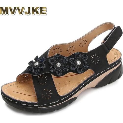 MVVJKE Summer Retro Womens Sandals Leather Ladies Flats Platform Wedges Shoes Female Back Strap Comfort Woman Flower Footwear