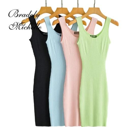 Autumn Female Vintage Bodycon Dresses for Women O-neck Sleeveless Sheath Solid Knitting Mini-Dress