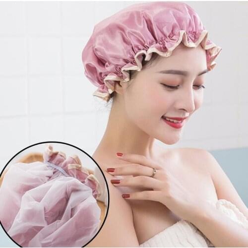 Satin Hat Night Sleep Waterproof Bath Hat Double Layer Shower Hair Cover Women Supplies Shower Caps Bathroom Accessories