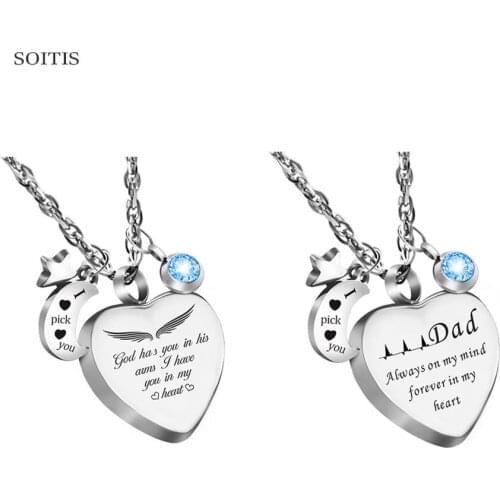 SOITIS Mini Heart Shaped Ash Pendant Necklace Customize Engravable Fashion Keepsake Ashes Jewelry With Moon and Star Decoration