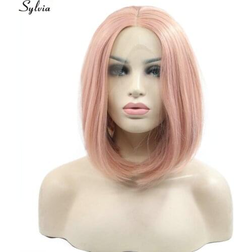 Sylvia Pink Wig Short Bob Style High Temperature Synthetic Lace Front Wigs for Women Ladies Girls Shoulder Length Straight Hair