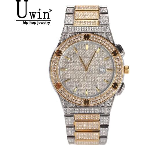 Uwin Round Full Iced Out Watches Men Stainless Steel Fashion Luxury Rhinestones Quartz Business Watch