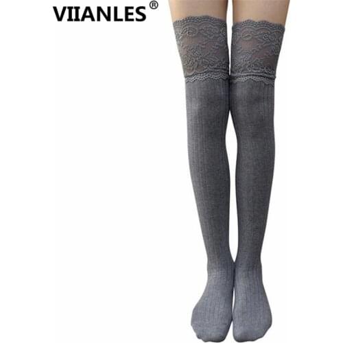 VIIANLES Cotton Stockings For Girls Sexy Lace Stocking Fashion Thigh High Long Ladies Women Knitted Stockings Hosiery