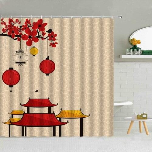 Chinese Style Flower Bird Pavilion Pattern Shower Curtain Red Lantern Traditional Spring Scenery Retro Bathroom Decor Curtains