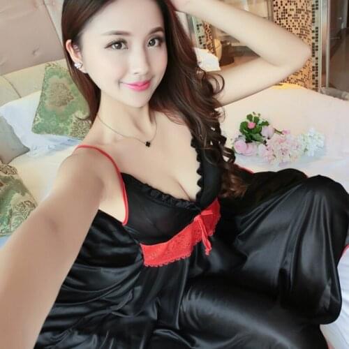 Deep V Neck Women Satin Nightgown Sexy Lace Sleepwear Strap Spaghetti Ladies Silk Nightwear Sleep Wear Night Gown Lingerie Dress