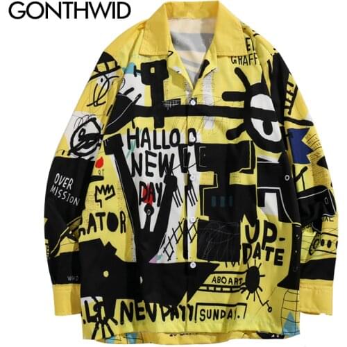 GONTHWID Graffiti Print Long Sleeve Dress Shirts Streetwear Hip Hop Hipster Causal Button Up Shirt Tops 2020 Fashion Shirts Tees