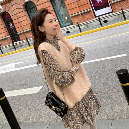 Women Elegant Sets 2 Pieces Outfits Autumn Knitted Sweaters Vest and Printed Long Sleeve Dress Female Fashion Vintage Suit Q706