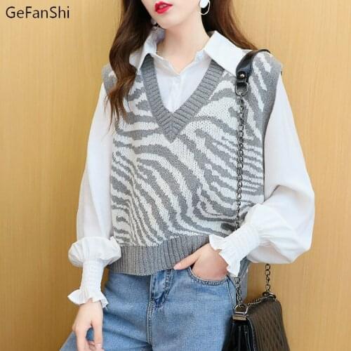 Vest Women Striped Short Loose Korean Style Sleeveless Knitted V-Neck All-match Female Coats Simple Leisure Outwear
