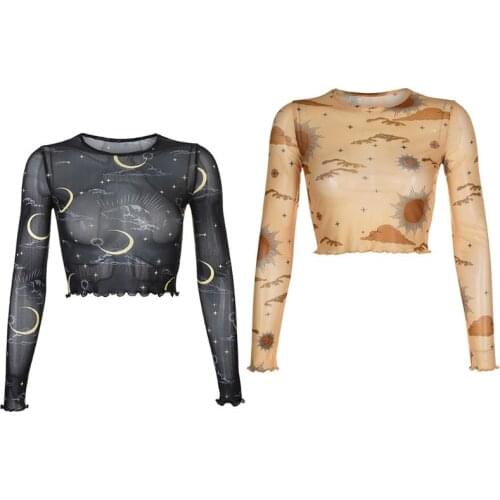 Women Long Sleeve Mesh Crop Top Sun Moon Cloud Print Transparent Ruffles T-Shirt F3MD