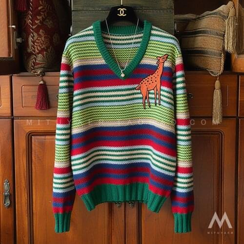 Fawn Embroidery Striped Sweater Women 2021 Spring And Autumn Color Matching Beauty Top