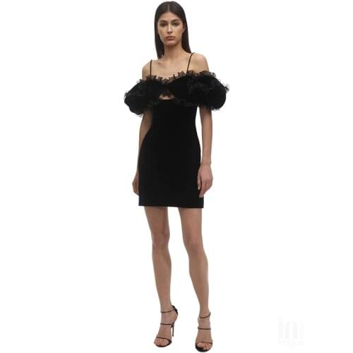 2021 Fall Black Velvet Sexy Hollow Out Mesh Ruffles Women Party Dress Vintage Puff Sleeve Femme Bodycon Mini Vestidos BD2123