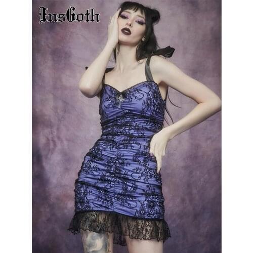 InsGoth Vintage Dress Gothic Cross Lace Purple Strap Dresses Elegant Bodycon High Waist Mini Dress Women Sexy Ladies Party Dress