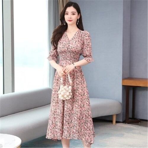 2020 Summer new gentle wind V-neck floral short-sleeved Dress women elegant waist slimming Chiffon Dress B348
