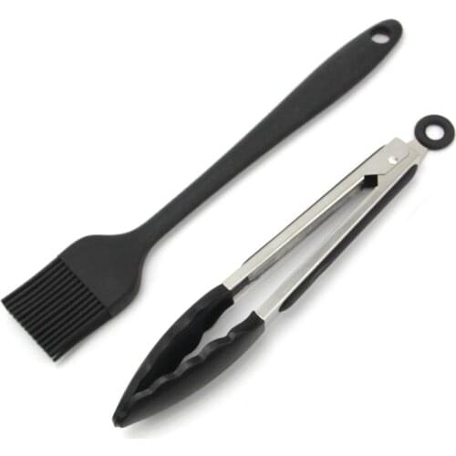 2pcs Silicone Food Tong Basting Brush Set Oil Brush Kitchen Tongs BBQ Grill Clip Meat Salad Cake Sauce Brush Barbecue Clip Tools