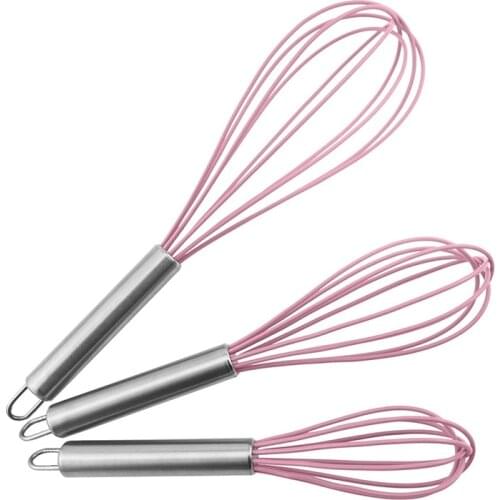 3 Pack Silicone Whisks (8+10+12)inch Whisk Set Frother Kitchen Balloon Wire Wisks for Blending Stirring Beating (Pink)