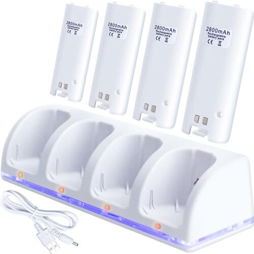 OSTENT White Charger Dock Station + 4 Battery Packs for Nintendo Wii Remote Controller