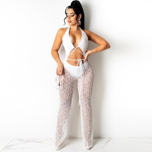 White Lace Patchwork Rompers Womens Jumpsuit Vintage Halter Neck Backless Bell Bottom Overall Summer Hollow See Through Outfit