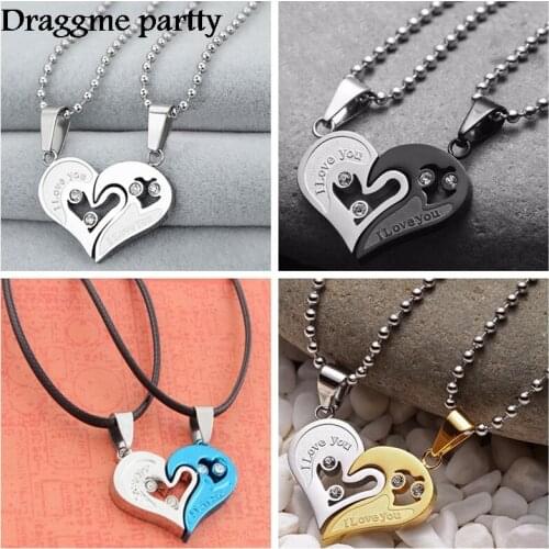 1 Pair Lovers Necklace Love Heart Shape Zircon Pendant Bead Chain Unisex Lovers Jewelry Accessories Valentines Day Gifts