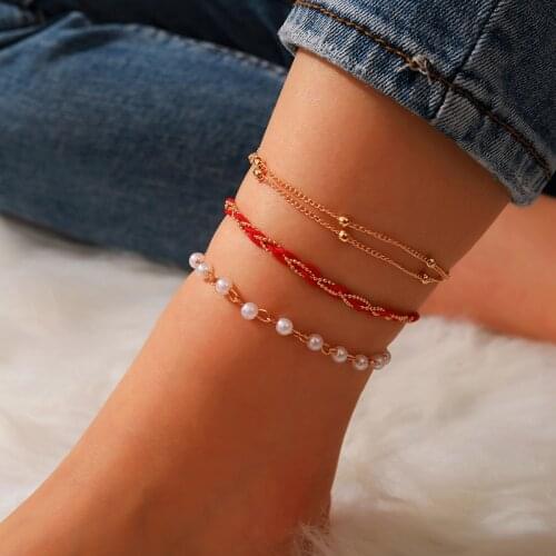 Docona 3pcs/set Trendy Pearl Handmade Braided Rope Anklet Set for Women Bohemia Round Bead Foot Chains Female Beach Jewelry