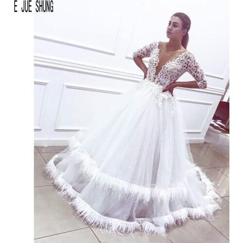 E JUE SHUNG Modern Pure White Wedding Dress Sheer V Neck Half Sleeves Backless Lace Appliques With Feathers Tiered Wedding Gowns