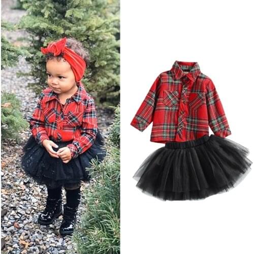 FOCUSNORM 2pcs Autumn Baby Girls Cute Clothes Sets 0-3Y Plaid Printed Single Breasted Shirts Tops Mesh Lace Tutu Skirts