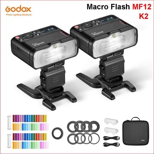 Godox MF12-K2 Macro Flash 2-Light Kit Mini Speedlite built-in Godox X System TTL Flash + Color Filter Diffuser for Macro Shots