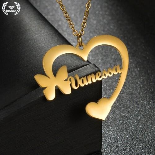 Diamon Fashion Customalized Nmae Necklace for Women Butterfly Heart Pendant Chain Personalized Nameplate Stainless Steel Jewelry