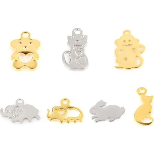 20pcs Stainless Steel DIY Accessories Animal Pendant Elephant Cat Charm Pendants For Jewelry Making Cute Bear Charms Accessories