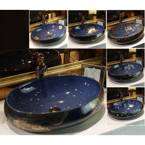 Handmade China Artistic Art wash basin Ceramic Counter Top black with blue oval ceramic Wash Basin Bathroom Sinks