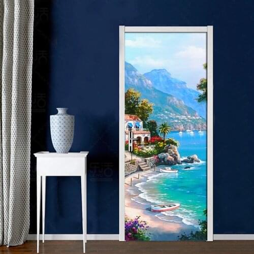 Custom Photo Wallpaper Sea view Oil Painting PVC Self Adhesive Waterproof 3D Door Mural Sticker Home Decor Living Room Bedroom